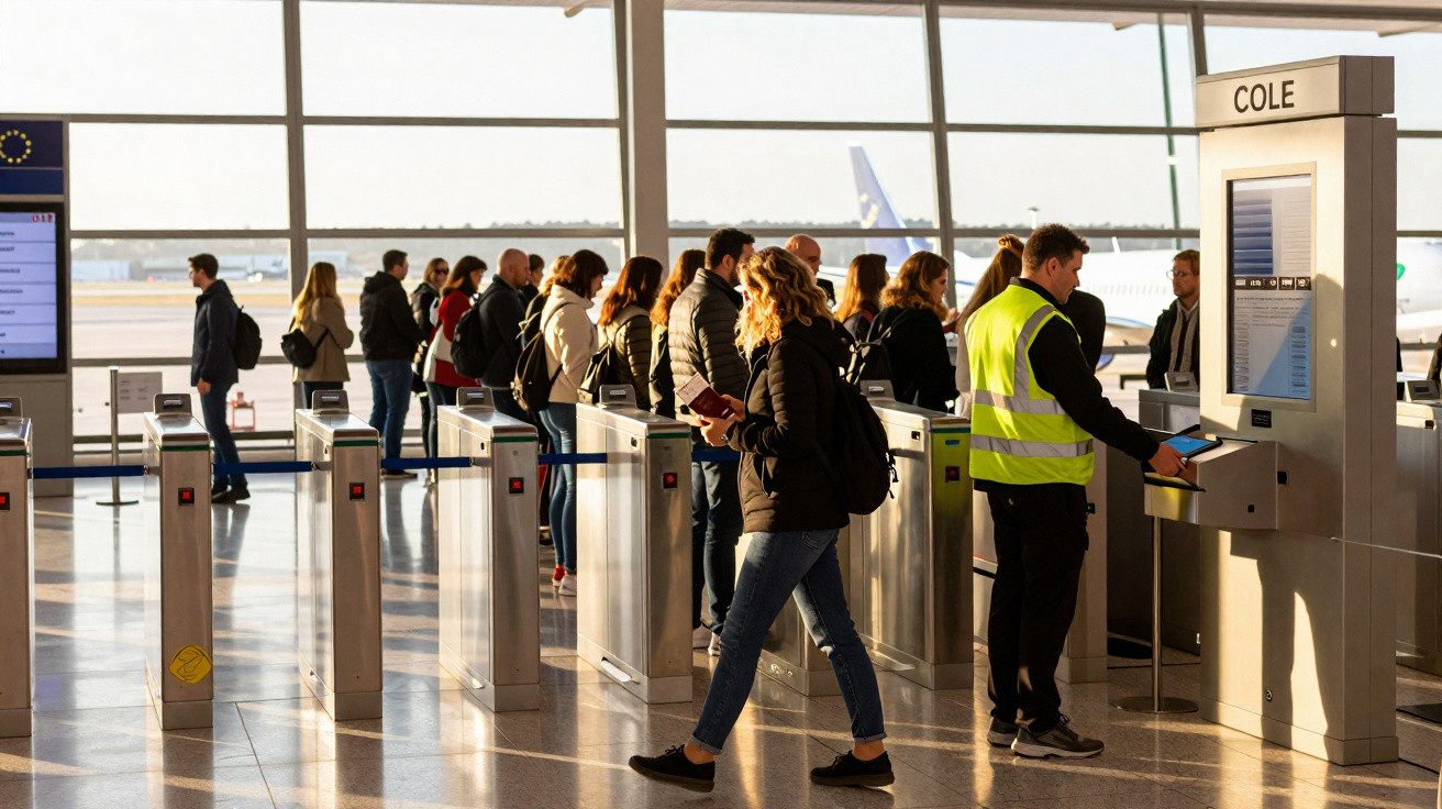 Passageiros fazem fila para passar no controlo de segurança num aeroporto iluminado pelo sol.