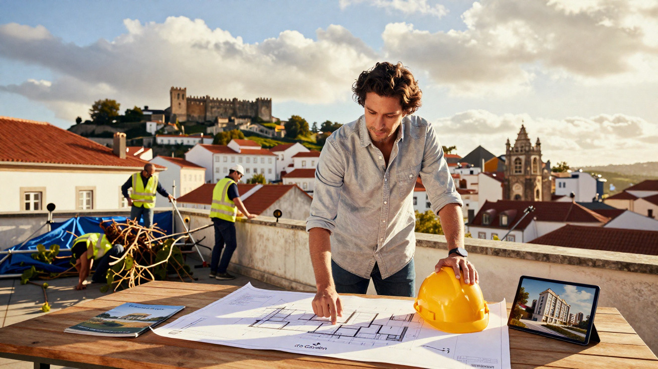 Homem a analisar planta de construção numa obra com capacete amarelo e castelo ao fundo ao pôr do sol.