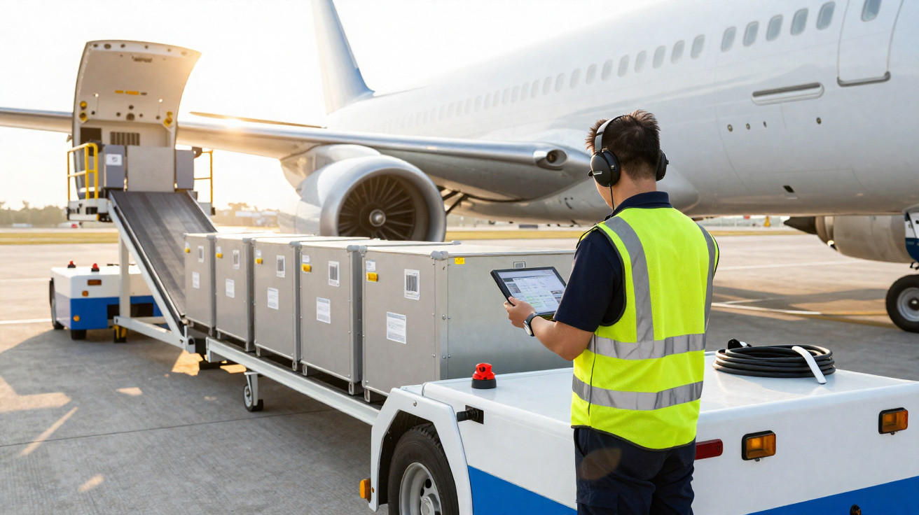 Dois trabalhadores com coletes reflexivos carregam carga para avião numa pista de aeroporto.