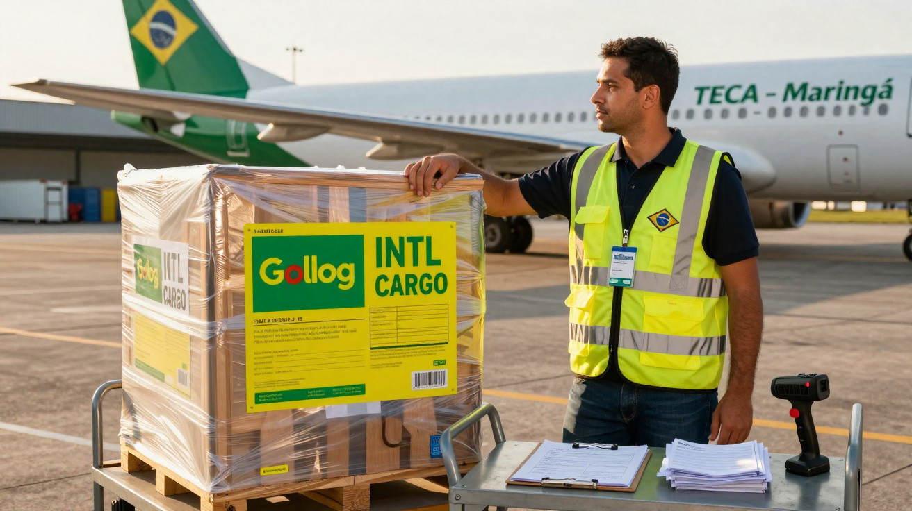 Homem com colete refletor ao lado de palete grande embalada com etiquetas Gollog no aeroporto TECA Maringá.