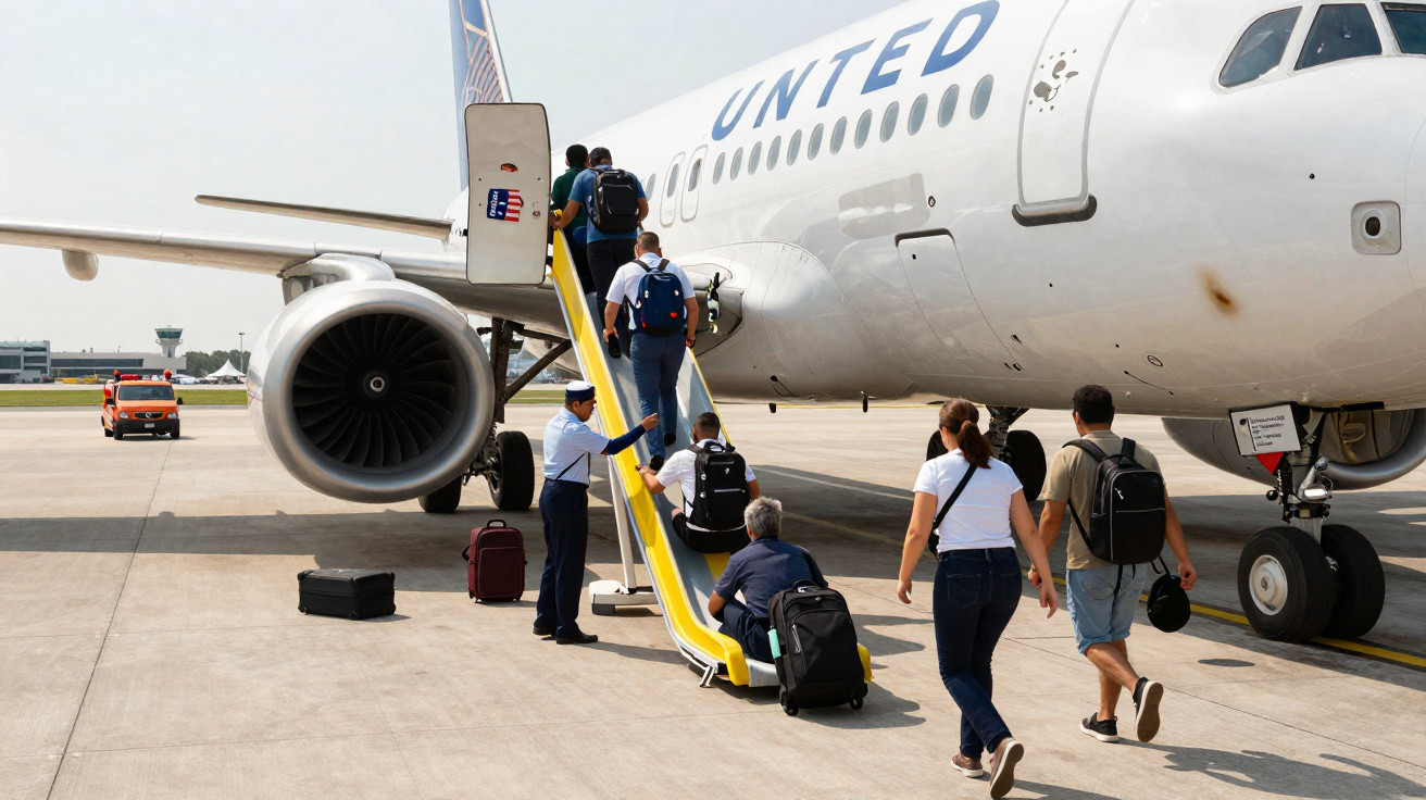 Passageiros a embarcar num avião da companhia United no aeroporto, com bagagens ao lado da escada móvel.