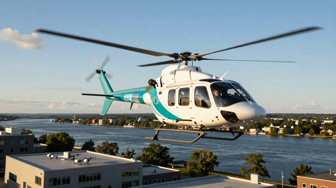 Helicóptero branco e azul a voar sobre um rio e edifícios numa cidade ao entardecer.