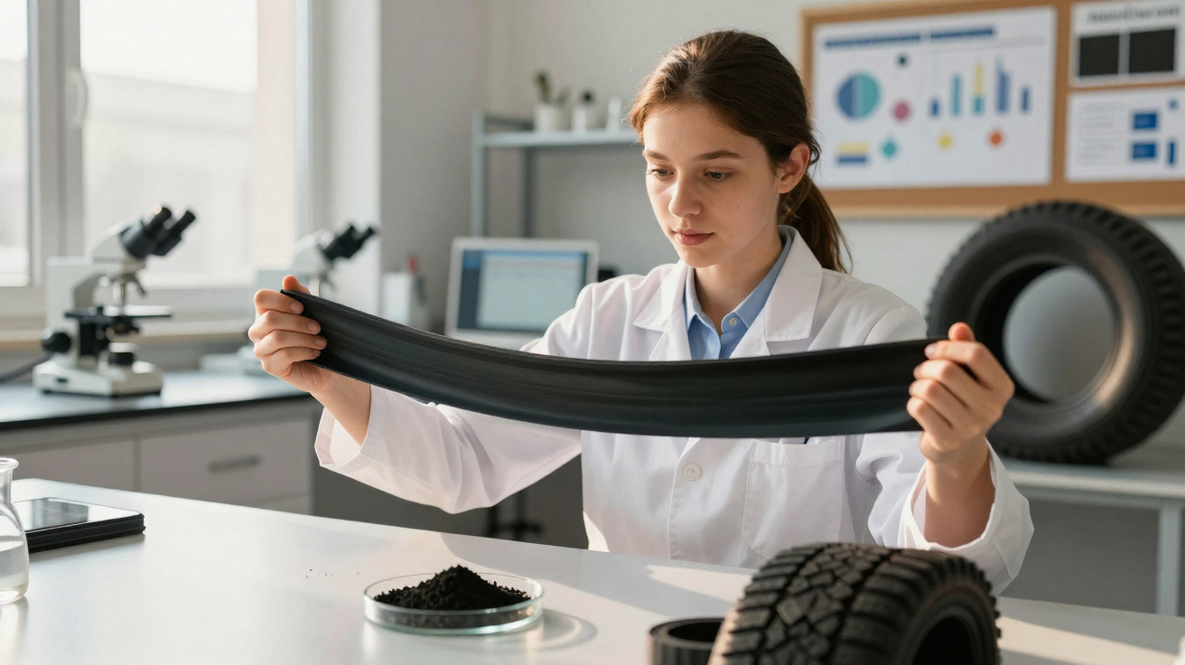 Cientista jovem num laboratório a esticar borracha preta para testar flexibilidade, pneus ao fundo.