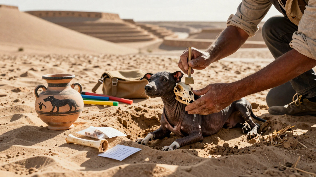 Pessoa a limpar um cão esquelético de brinquedo com pincel, rodeado de artefactos antigos na areia do deserto.