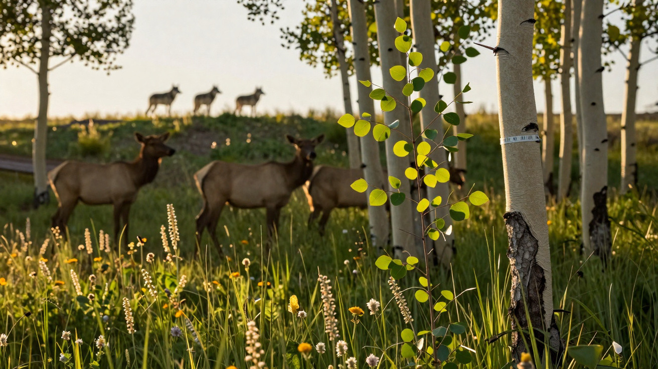 Veados e lobos na floresta iluminada pelo sol entre árvores e relva com flores silvestres.