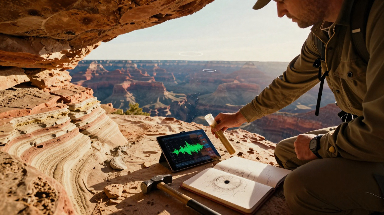 Homem analisa padrões geológicos numa caverna com tablet e ferramentas no Grand Canyon ao fundo.