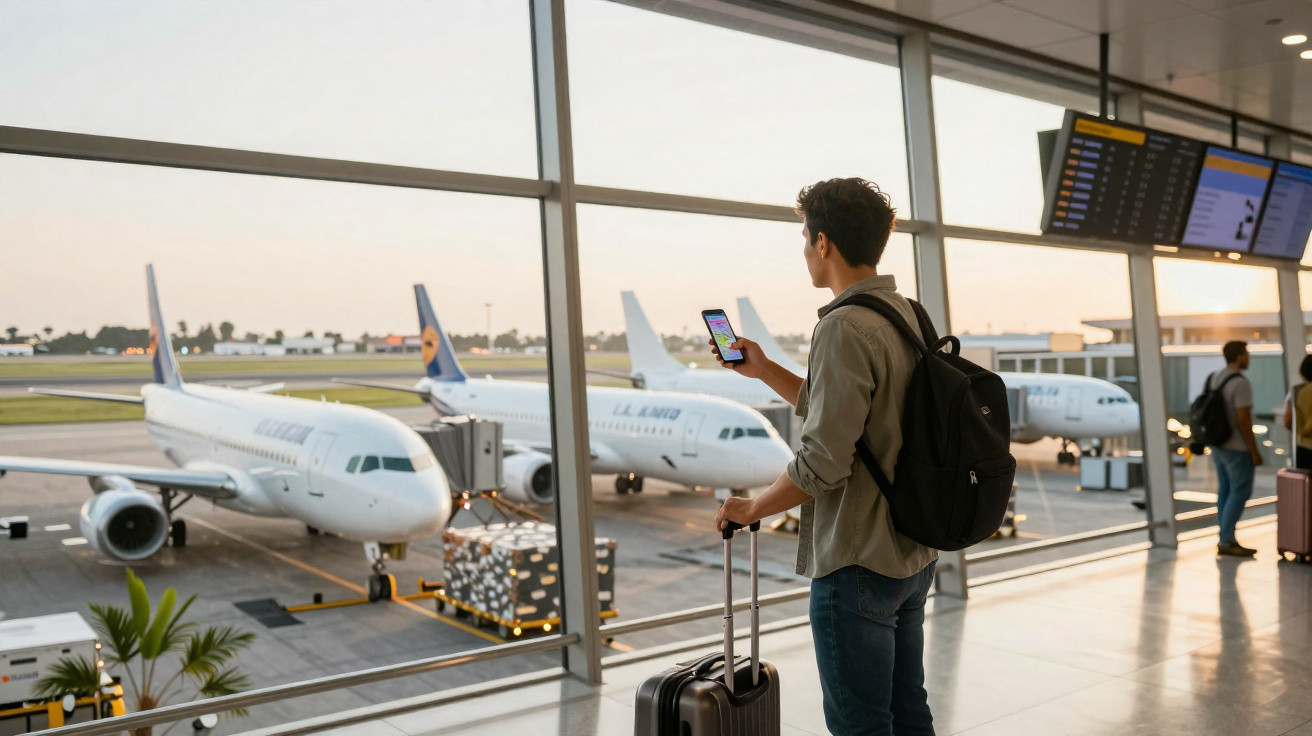 Jovem com mala e mochila observa aviões no aeroporto enquanto usa telemóvel junto à janela.