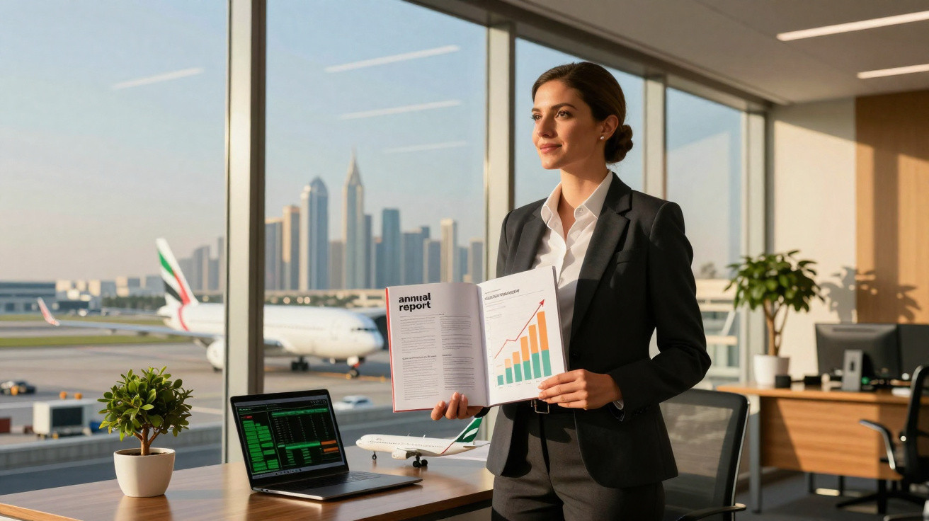 Mulher de negócios numa sala com vista para aeroporto, segurando relatório anual, com modelo de avião e gráfico no computador