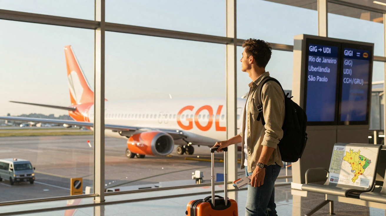 Homem com mala laranja e mochila observa avião estacionado no aeroporto ao pôr do sol.
