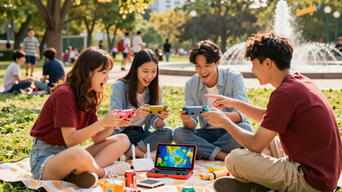 Quatro jovens sentados num piquenique no parque a jogar videojogos móveis, sorrindo e focados.