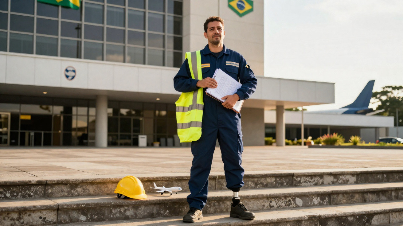 Homem com fato de trabalho azul, colete amarelo e prótese na perna, segurando documentos em escadaria.