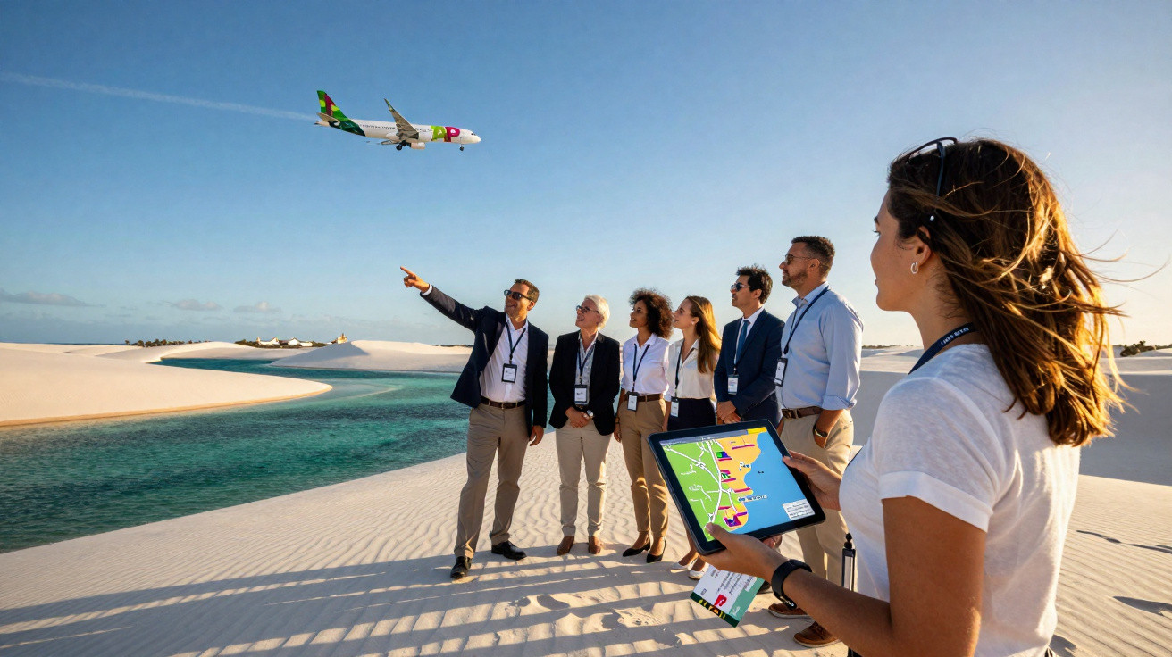 Grupo de profissionais em formação no deserto com lago, enquanto avião sobrevoa o céu azul.