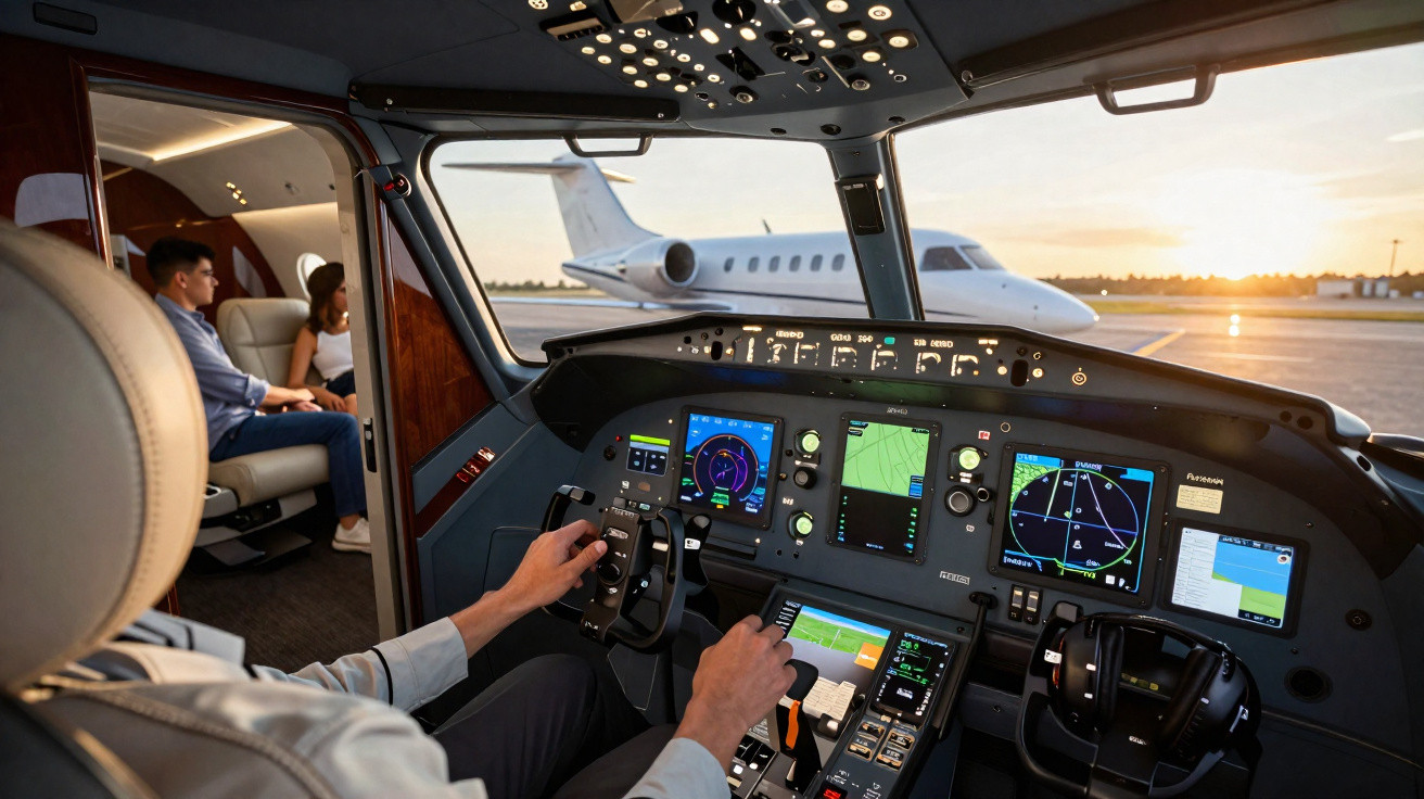 Interior do cockpit de um avião privado com piloto e passageiros à janela, com outra aeronave ao fundo no aeroporto.