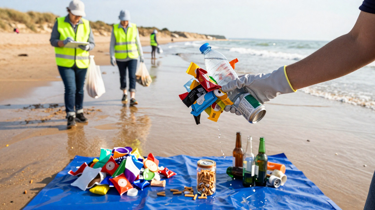 Voluntário a recolher lixo numa praia, enquanto grupo ao fundo usa coletes e capacetes a limpar.
