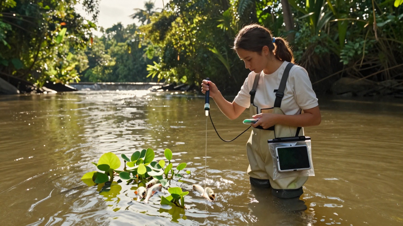 Jovem cientista recolhe amostra da água de rio rodeado de plantas e peixes para análise ambiental.