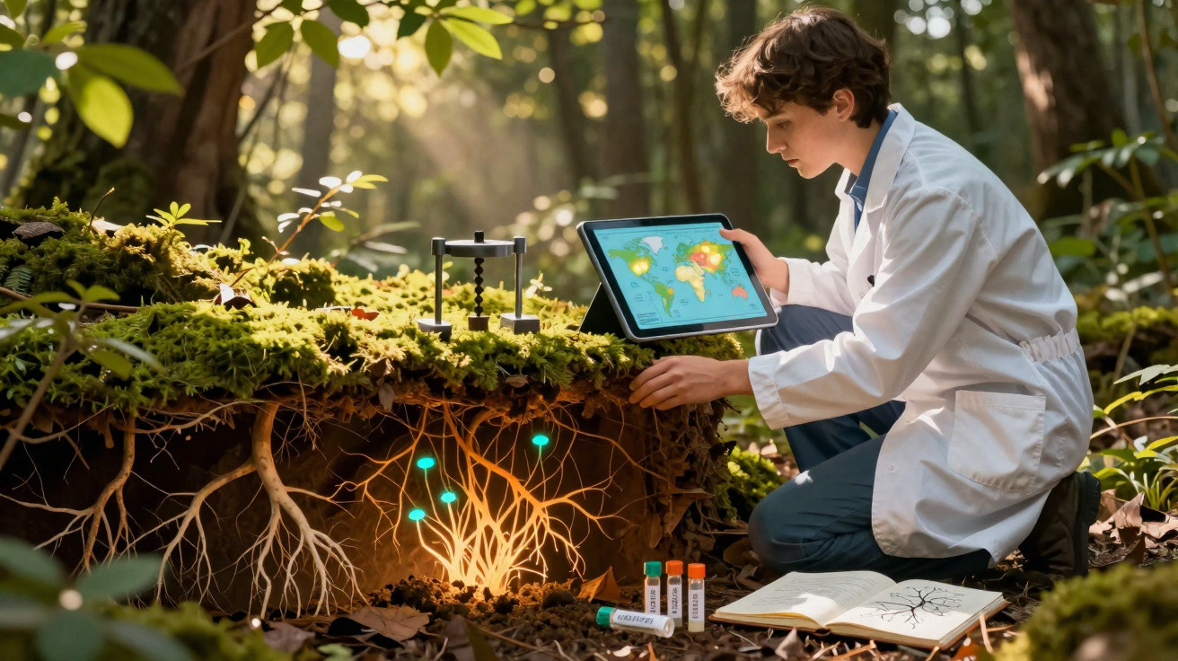 Cientista analisa mapa digital junto a plantas com raízes iluminadas e equipamentos de pesquisa em floresta.