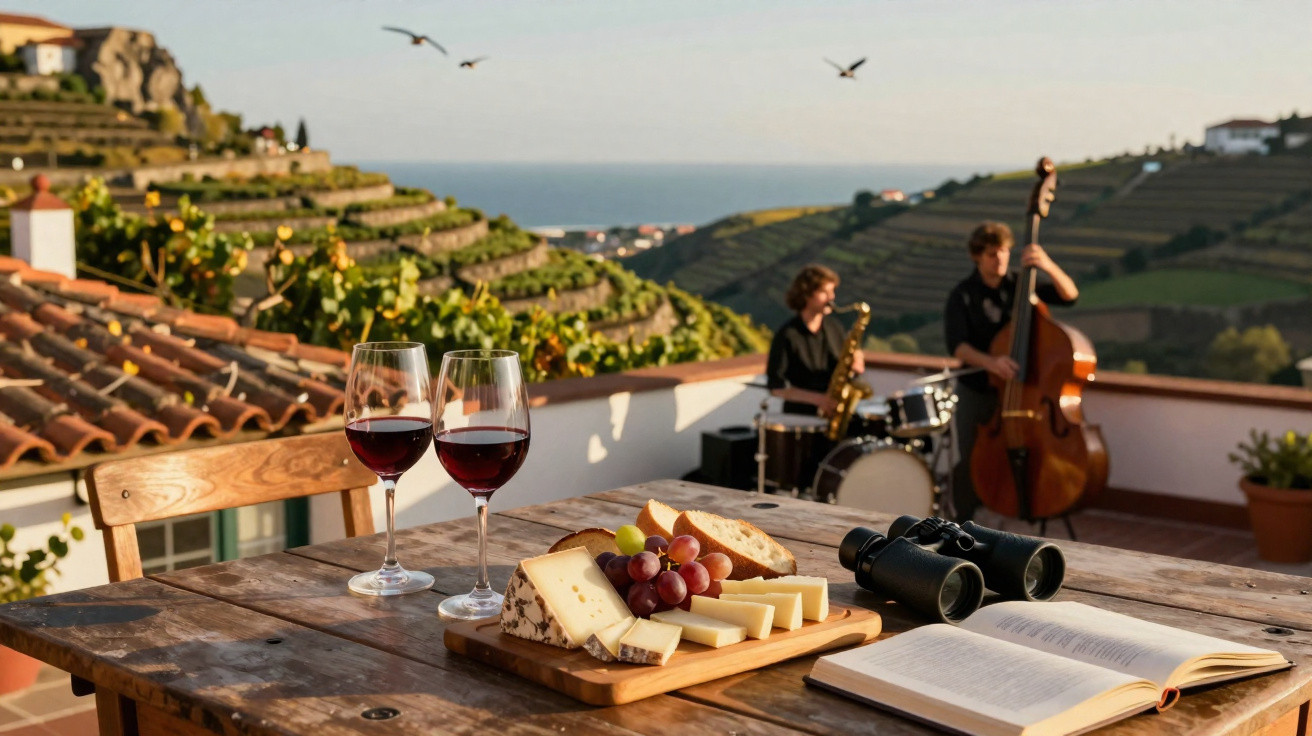 Mesa de madeira com vinho, queijo, uvas, livro e binóculos numa vinha com músicos ao fundo.