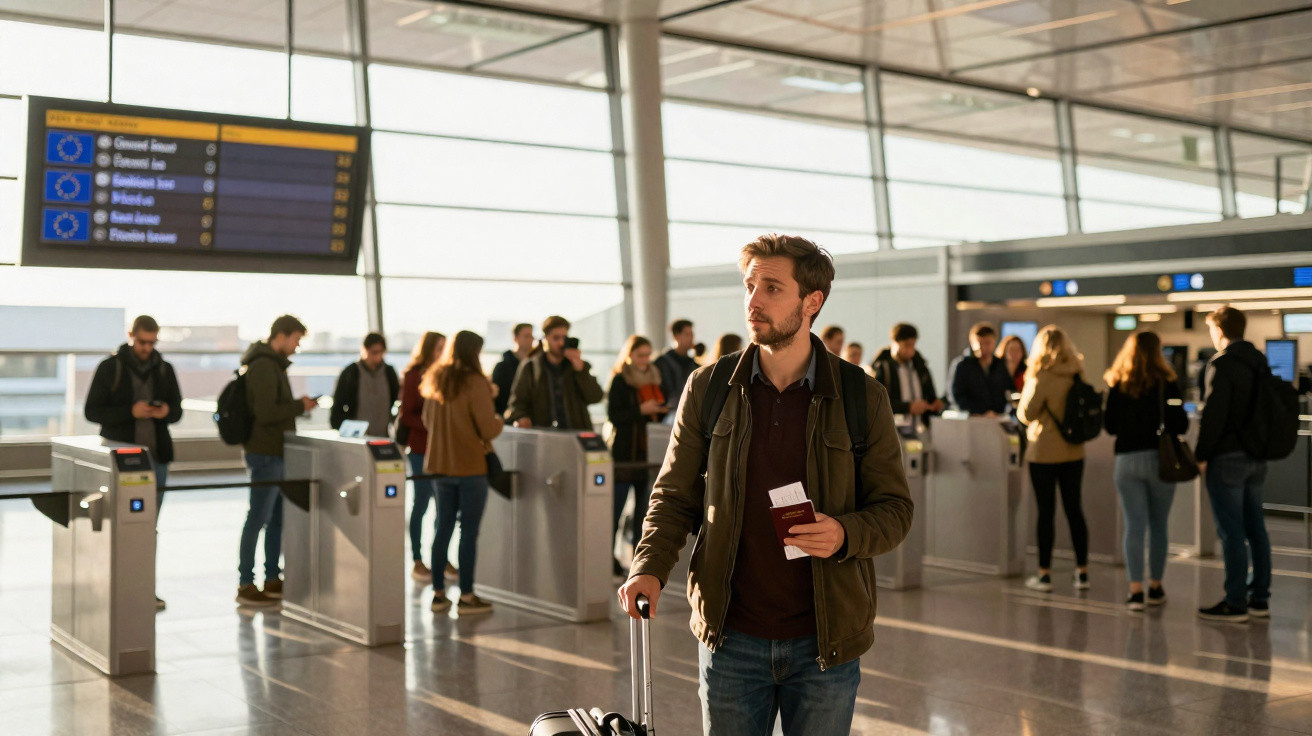 Homem com mochila e mala de viagem passa pelo controlo de passaportes num aeroporto moderno.