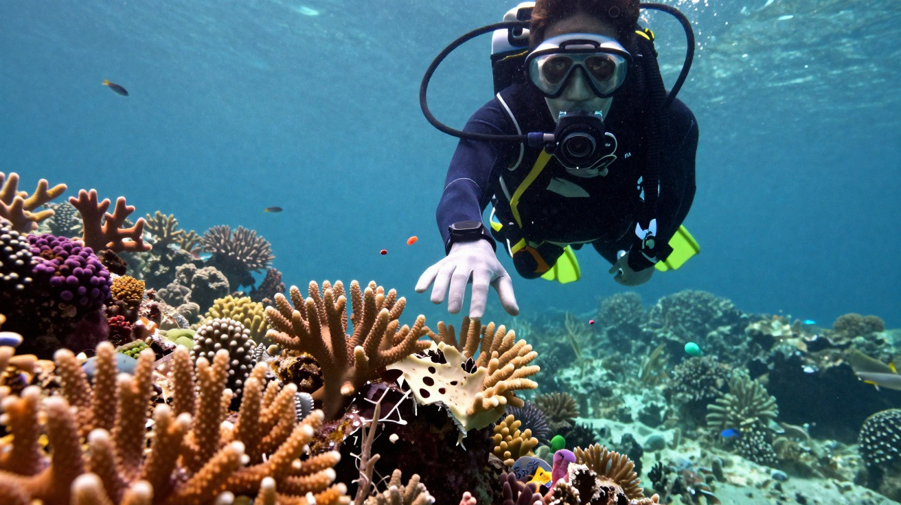 Mergulhador a explorar um recife de coral colorido num mar cristalino, usando equipamento de mergulho completo.