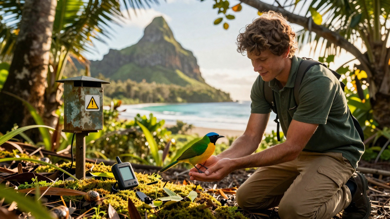 Jovem a alimentar um pássaro colorido numa floresta tropical junto à praia e montanha ao fundo.