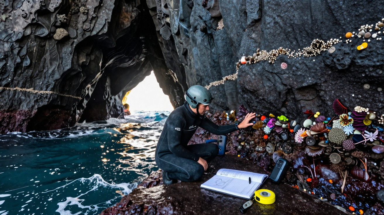 Homem com roupa de mergulho instala arte marinha colorida numa gruta rochosa junto ao mar agitado.