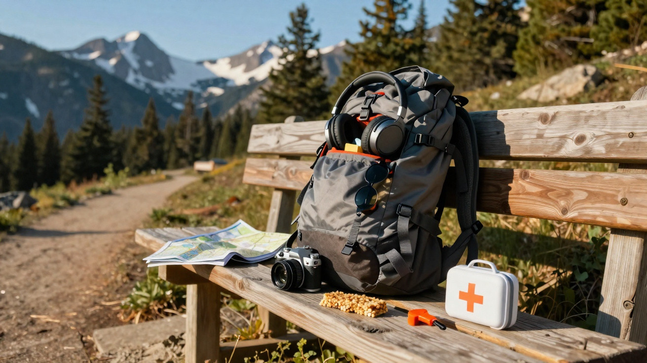 Mochila de caminhada com fones, barra de cereal, mapa, câmara e kit de primeiros socorros numa mesa em paisagem montanhosa.