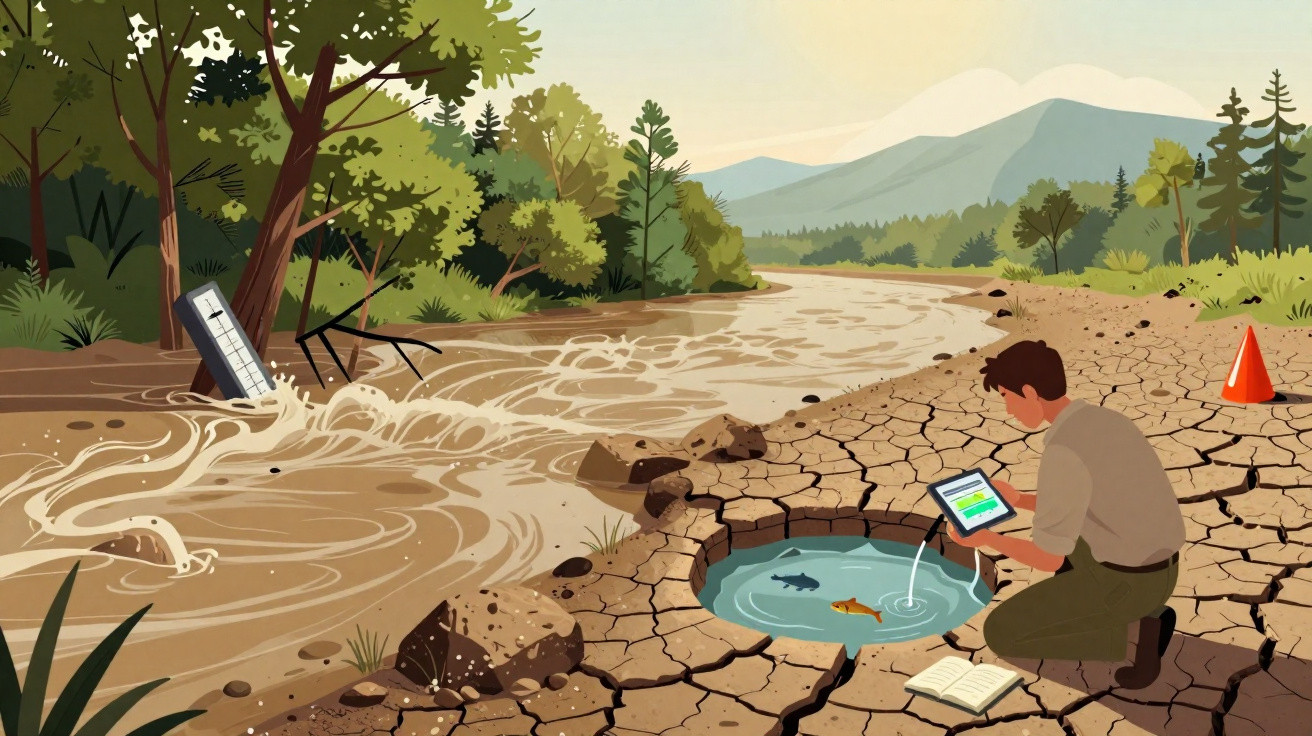 Homem junto a charco de água numa terra seca, com rio caudaloso e montanhas ao fundo numa paisagem natural.