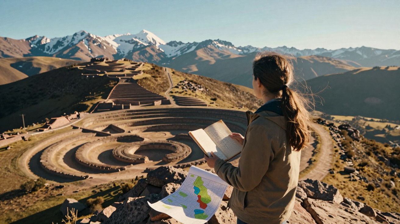Mulher a estudar mapas numa montanha com ruínas circulares e montanhas nevadas ao fundo.