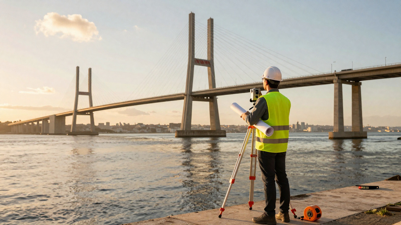 Engenheiro com colete refletor e capacete a analisar ponte suspensa junto a rio ao pôr do sol.