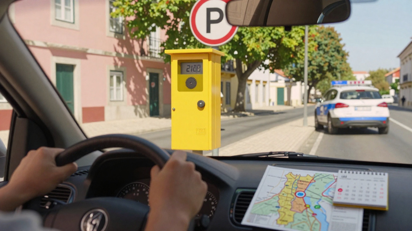 Interior de carro com motorista, sinais de trânsito, mapa, calendário e viatura policial estacionada numa rua.