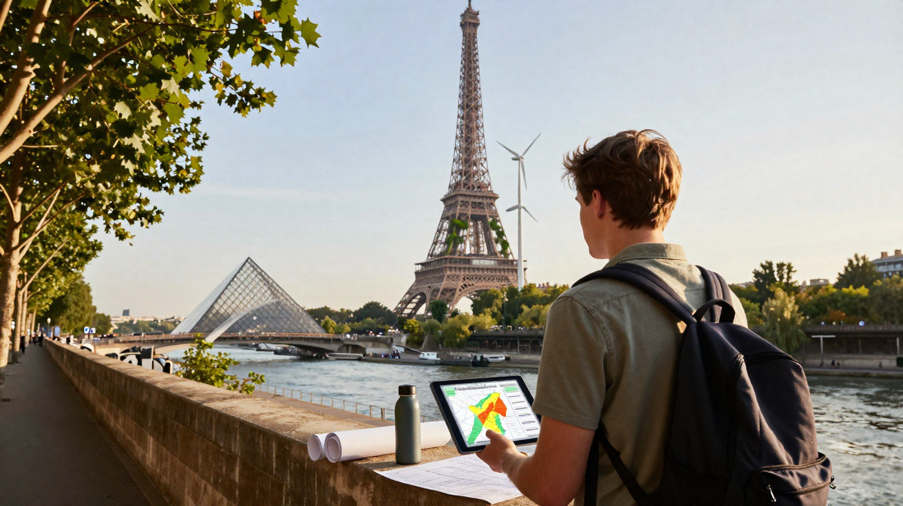 Jovem com mochila consulta tablet junto ao rio Sena com vista para Torre Eiffel e pirâmide do Louvre.