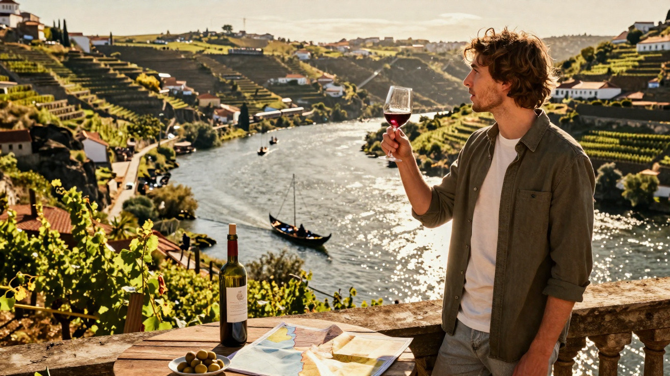 Jovem a observar um copo de vinho tinto com paisagem de vinhas e rio ao fundo ao pôr do sol.