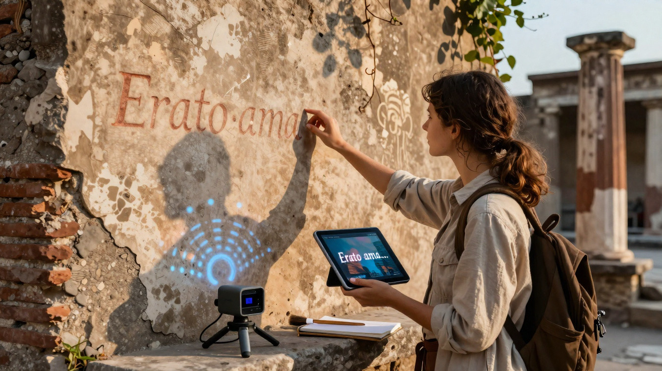 Mulher interage com mural histórico usando tablet e projetor num sítio arqueológico antigo.