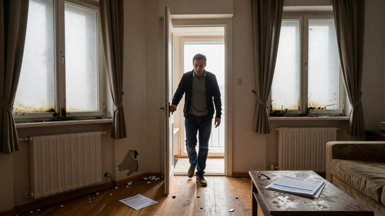 Homem a entrar numa sala modesta com janelas embaçadas e chão de madeira, documentos no chão e mesa.