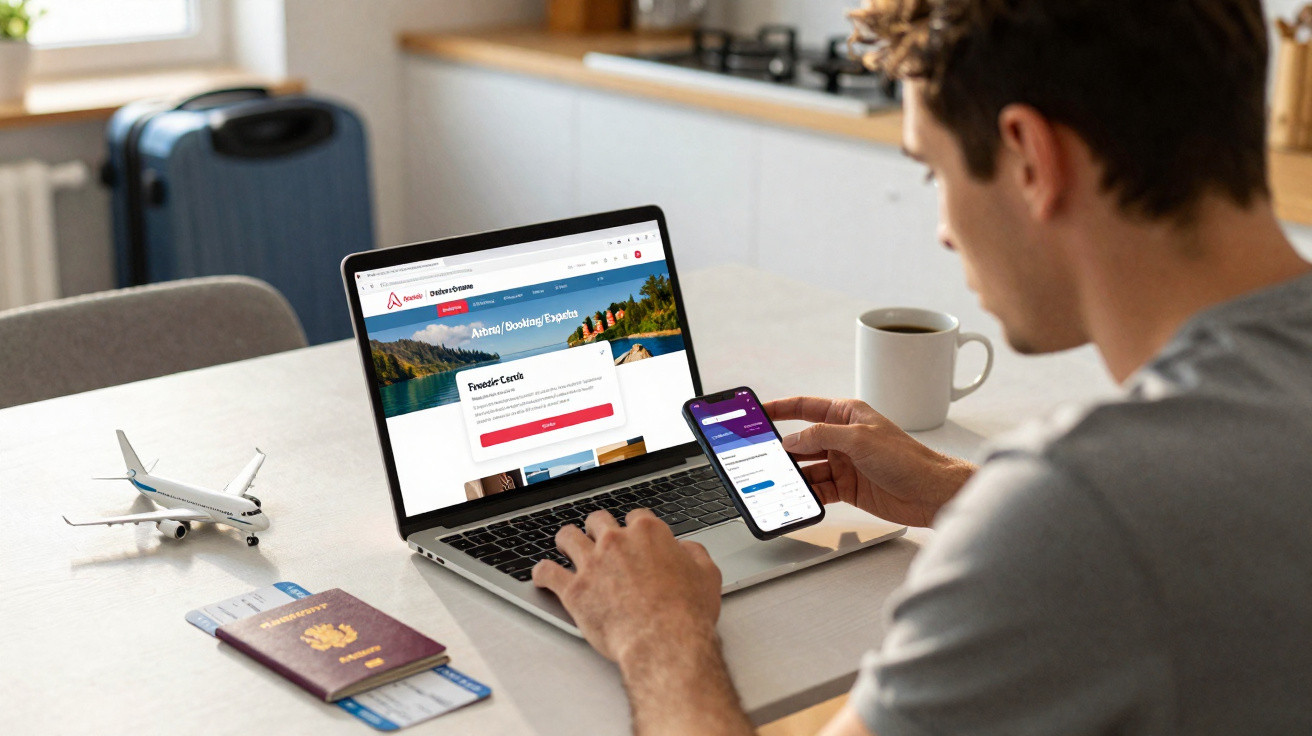 Pessoa em mesa a reservar viagem online com laptop, telemóvel, passaporte, miniatura de avião e mala ao fundo.