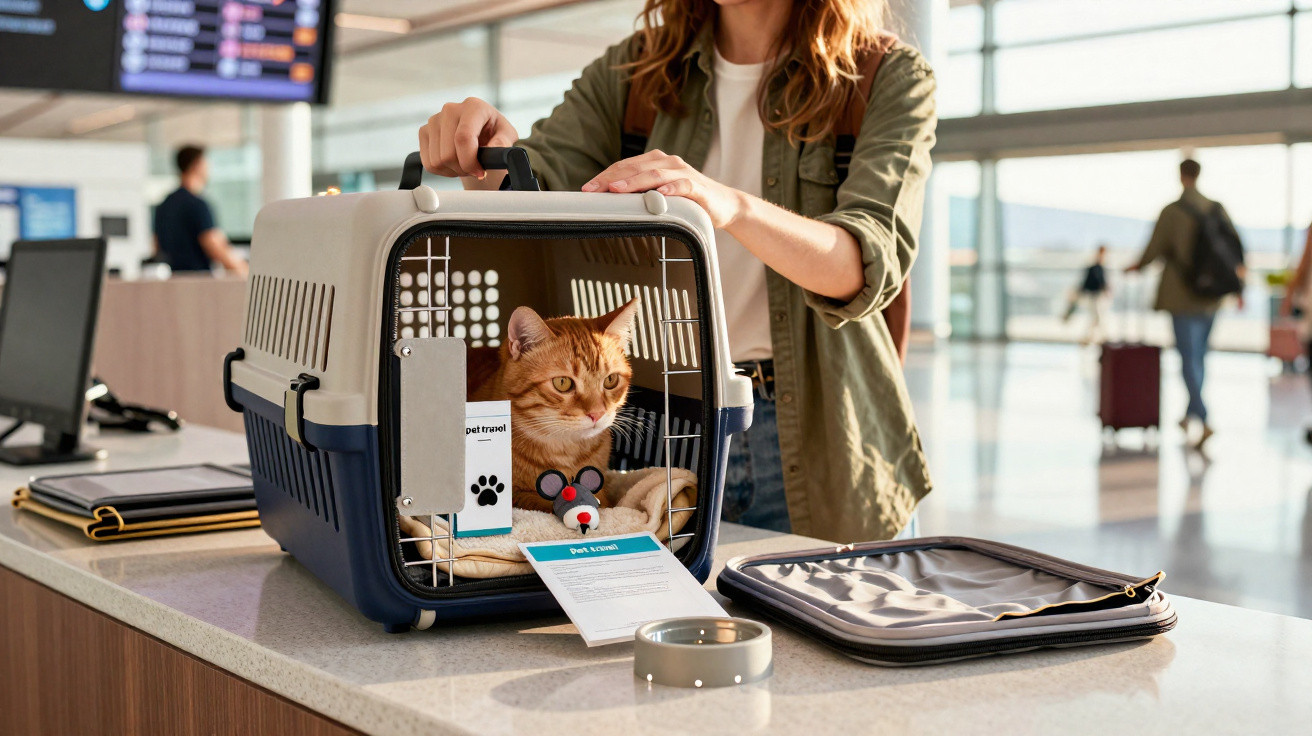 Gato dentro de transportadora de viagem para animais num balcão de aeroporto com pessoa ao lado.