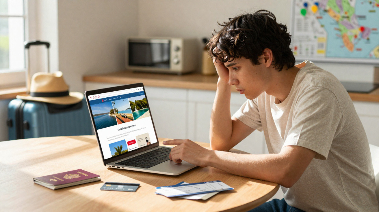 Jovem sentado à mesa em casa, preocupado, a pesquisar férias num site de viagens no portátil.