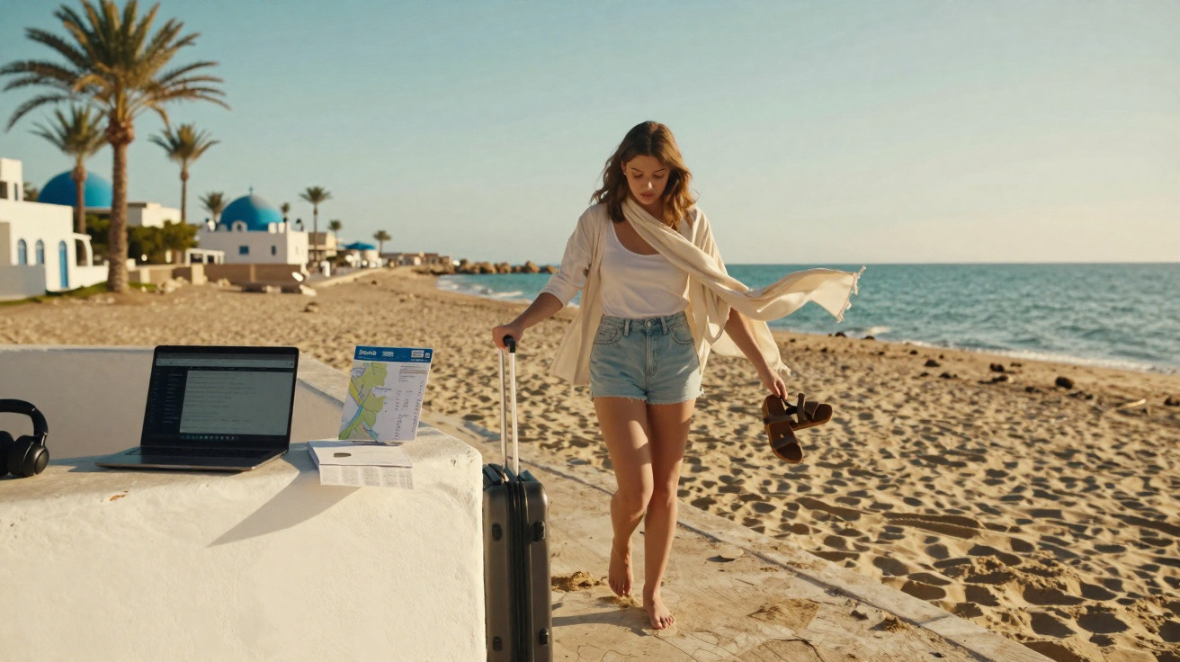 Mulher com mala, mapa e computador portátil na praia ao pôr do sol, preparando-se para viagem.