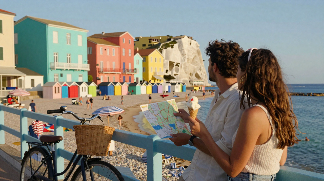 Casal com gelado e mapa observa praia com casas coloridas e bicicleta perto do mar ao pôr do sol.
