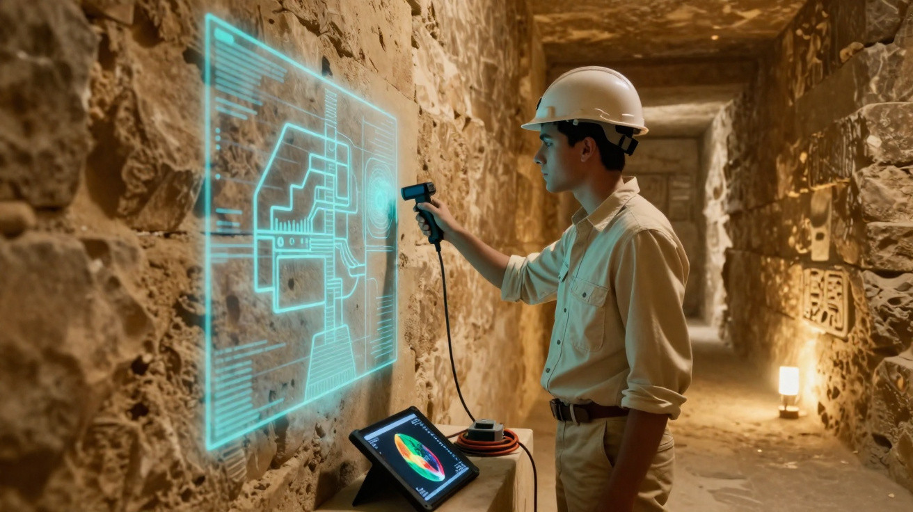 Investigador com capacete a examinar hieróglifos numa parede antiga, usando tecnologia holográfica.