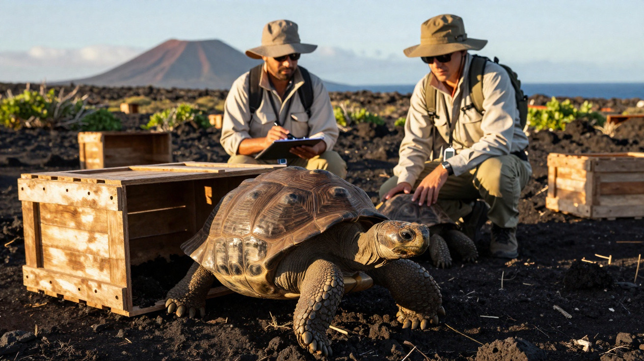 Três investigadores com chapéus observam tartarugas gigantes numa área rochosa com caixas de madeira ao pôr do sol.