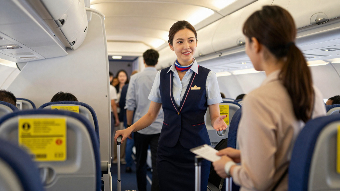 Assistente de bordo sorridente a receber passageiros dentro do avião.