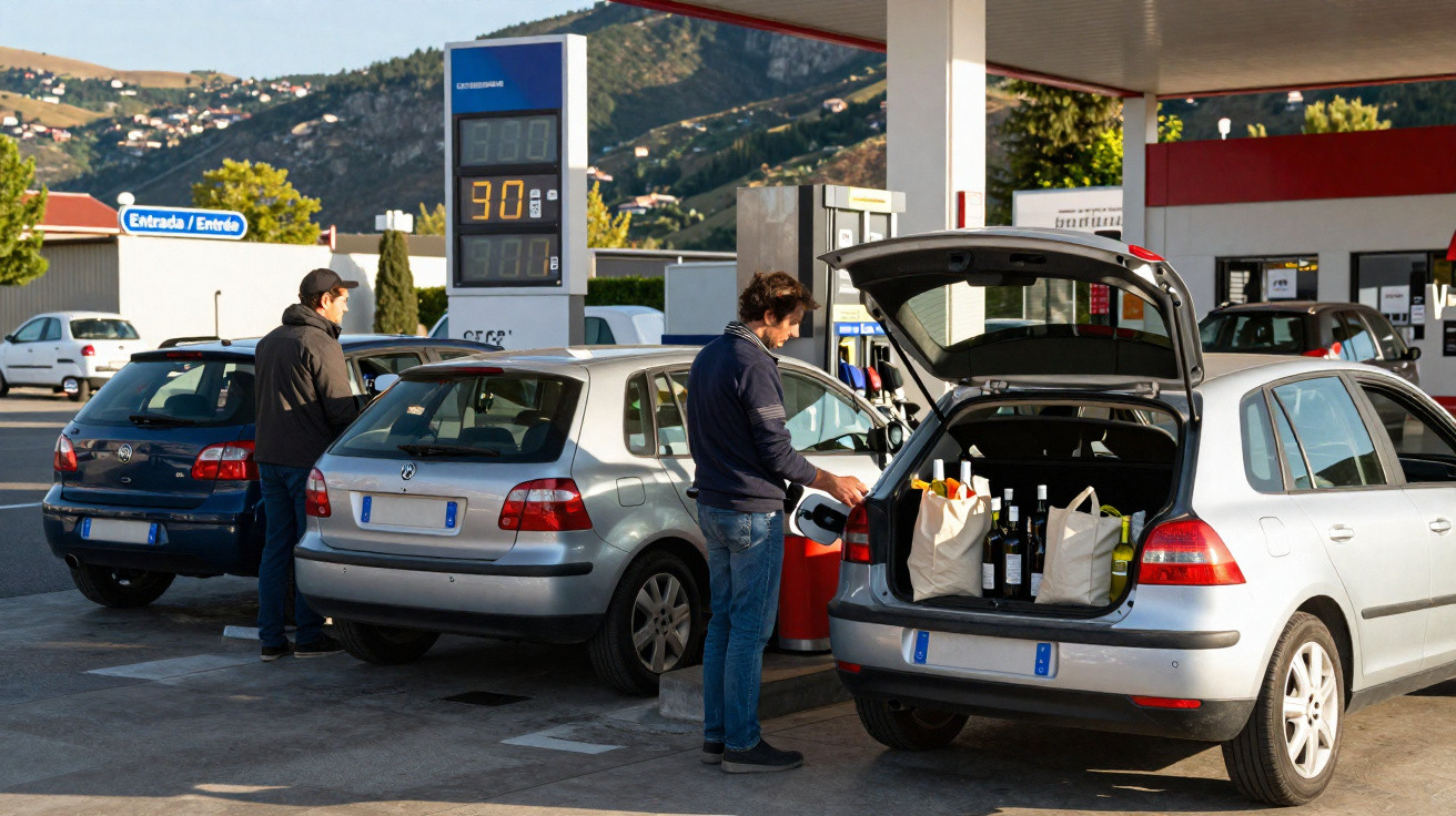 Homem a colocar garrafas no porta-bagagens do carro numa bomba de gasolina com montanhas ao fundo.