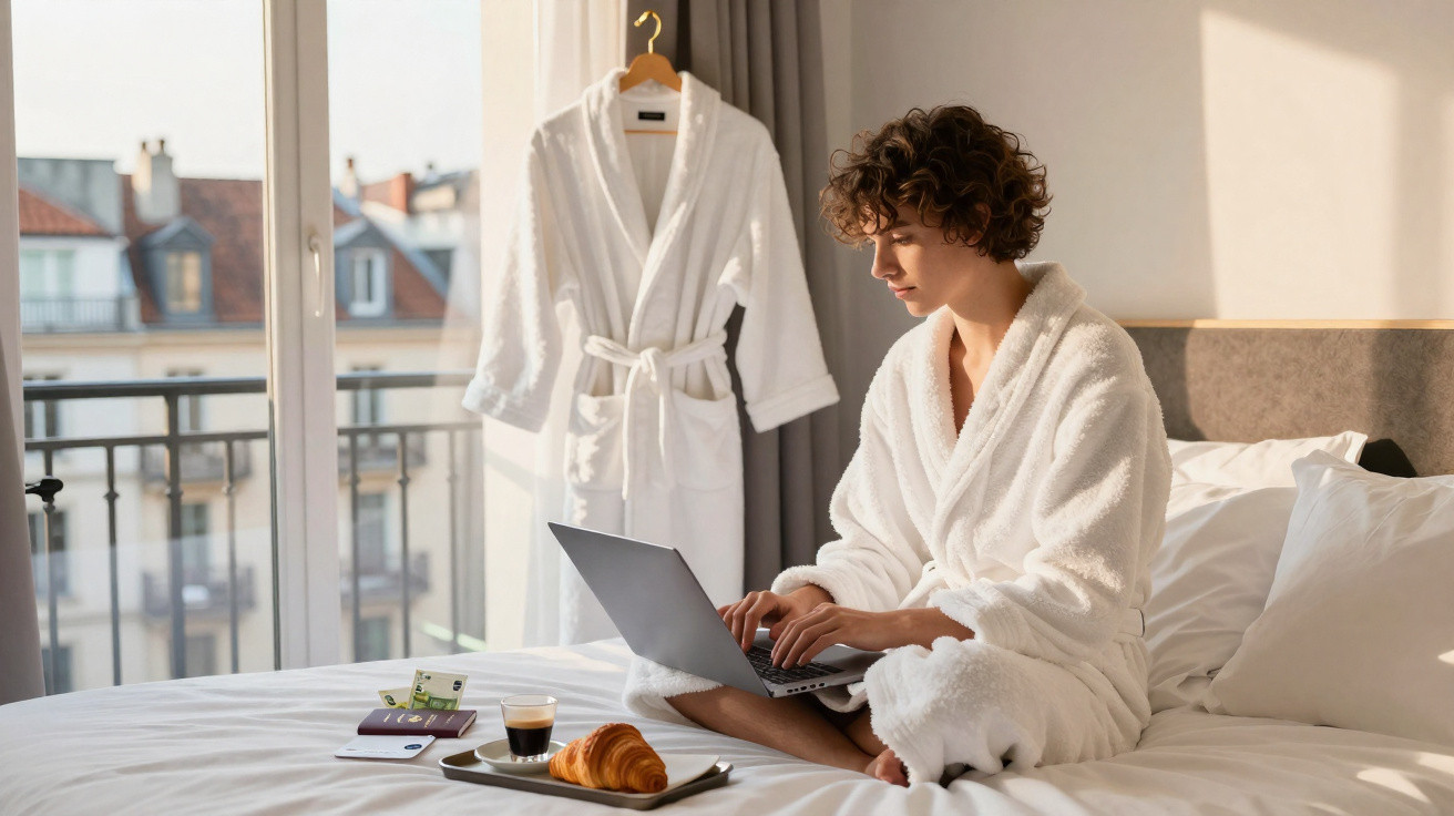 Jovem sentado na cama com roupão branco a usar computador portátil, perto de pequeno-almoço e passaporte.