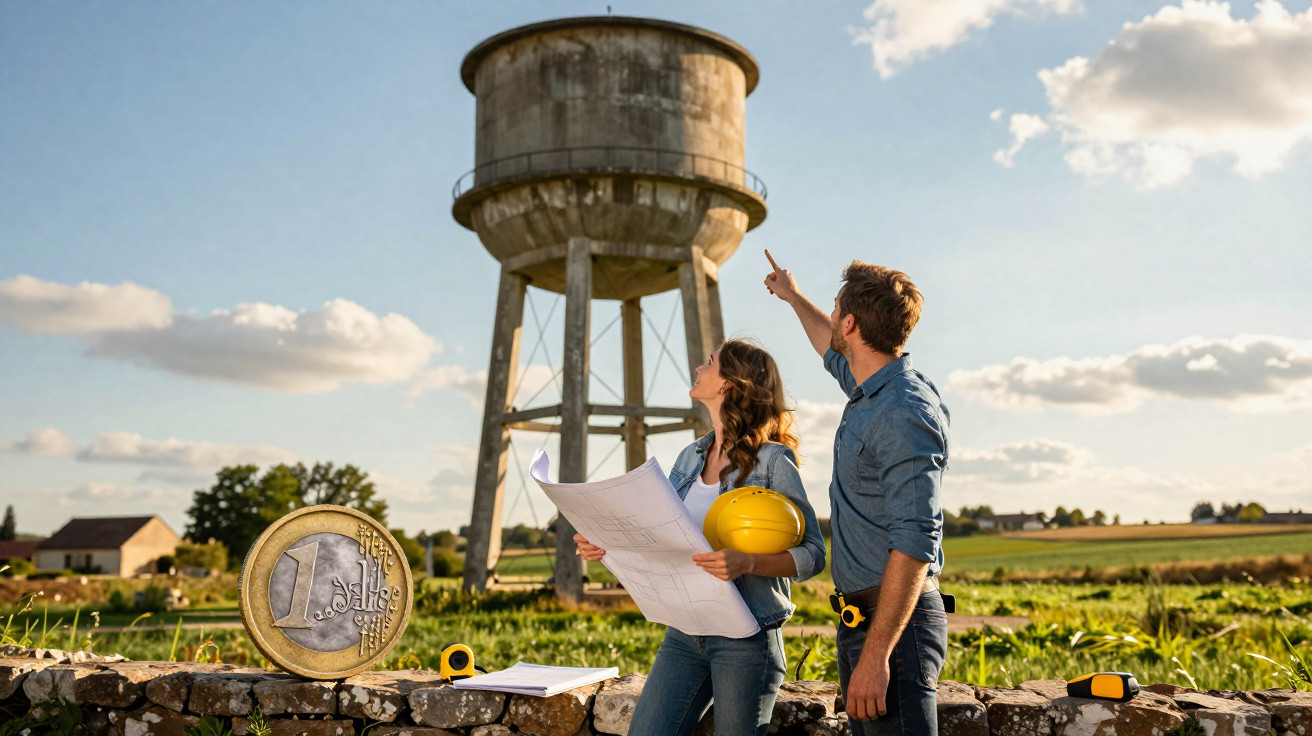 Casal analisando planta de construção junto a um reservatório de água num campo ao pôr do sol.