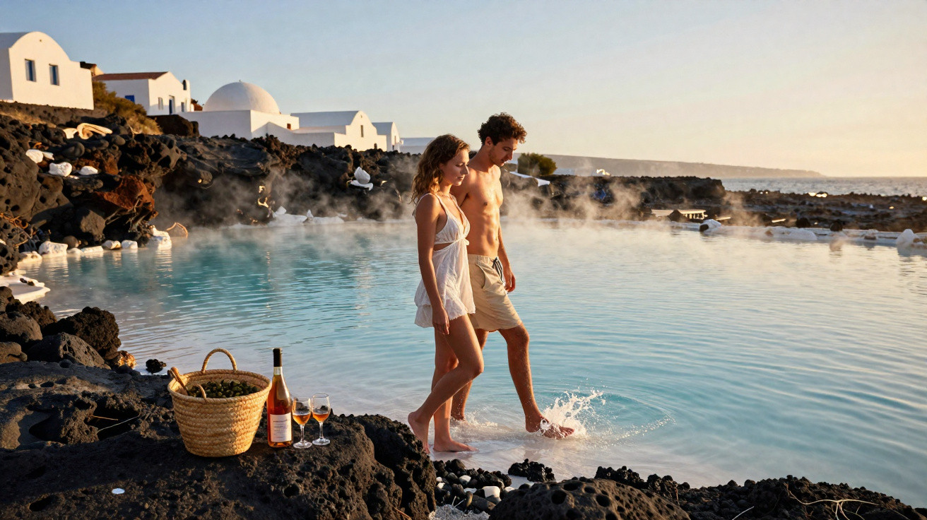 Casal caminha junto à piscina termal ao ar livre com garrafa de vinho e copos na pedra negra junto ao mar.