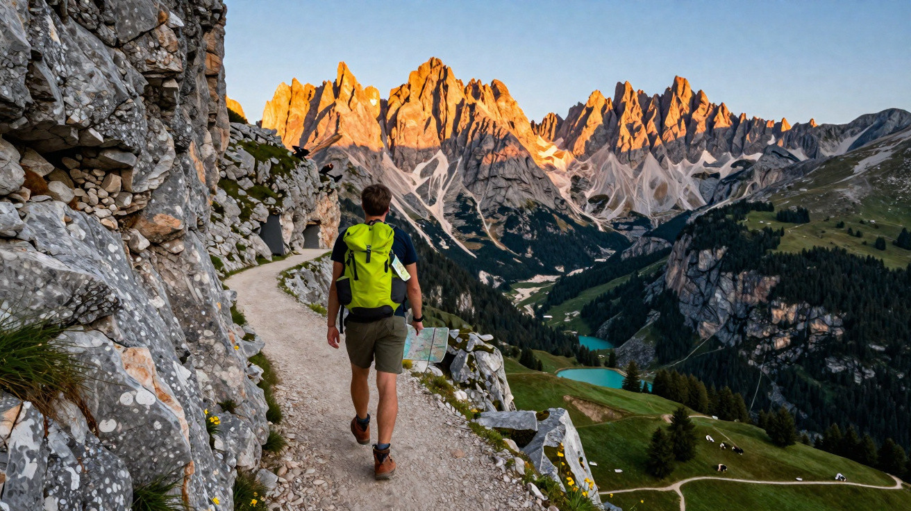 Pessoa com mochila amarela a caminhar por trilho rochoso com montanhas ao fundo ao pôr do sol.