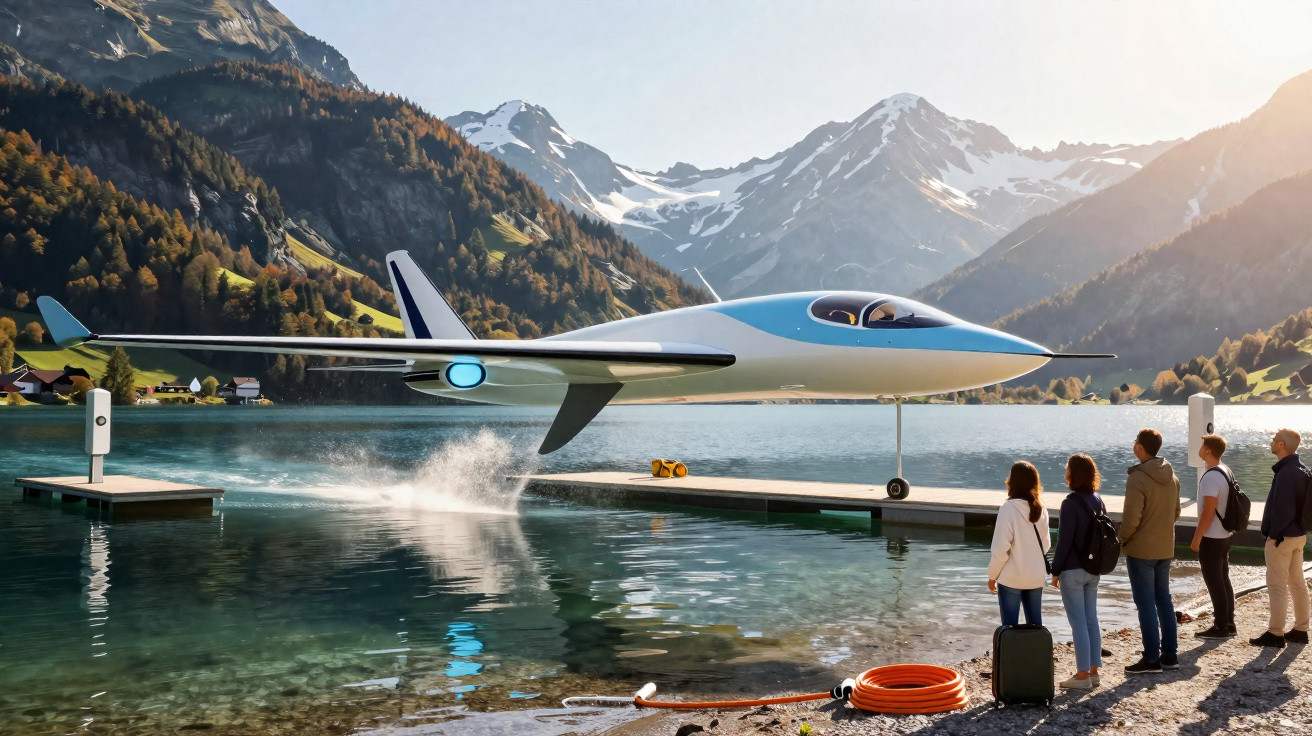 Avião elétrico descolando de um lago rodeado por montanhas, com quatro pessoas na margem a observar.
