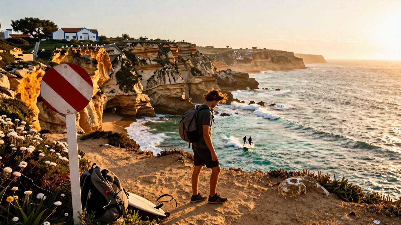 Homem com mochila caminha na falésia junto ao mar ao pôr do sol, com prancha de surf e casas ao fundo.