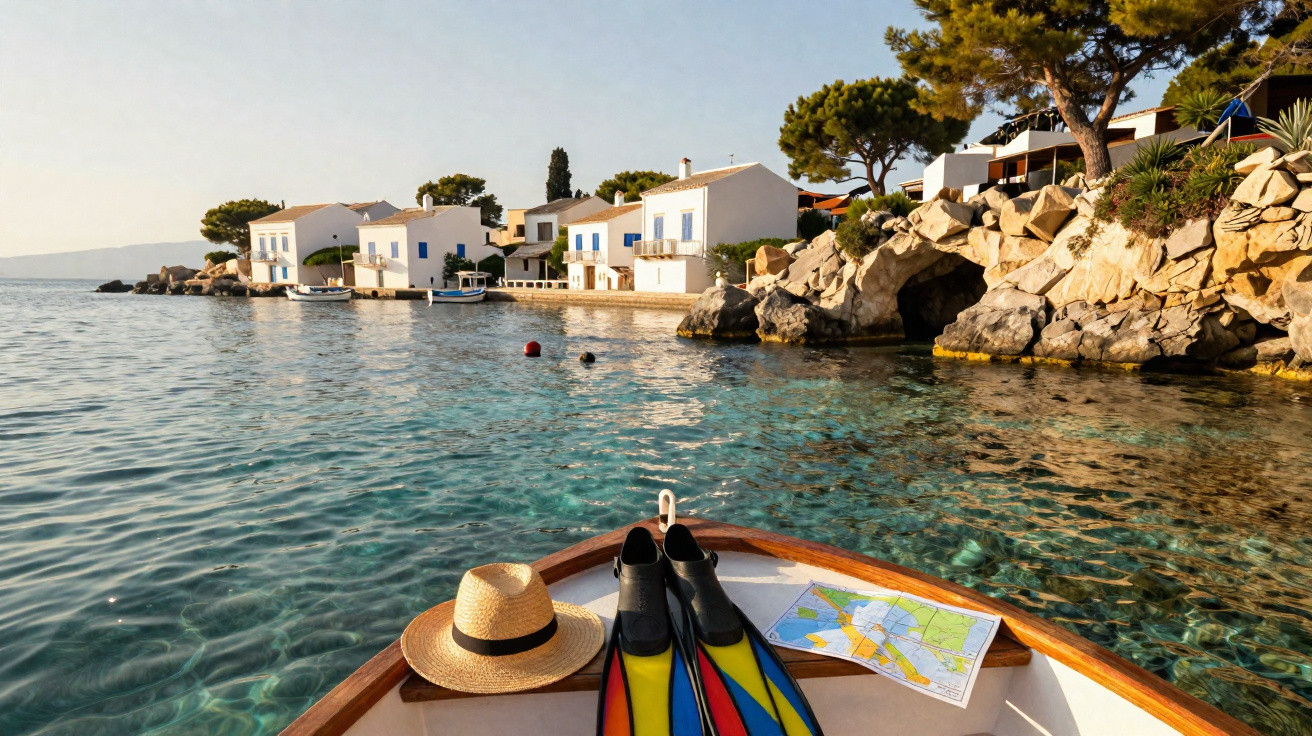 Vista de casas brancas com janelas azuis junto ao mar, vista do barco com nadadeiras, chapéu e mapa na proa.